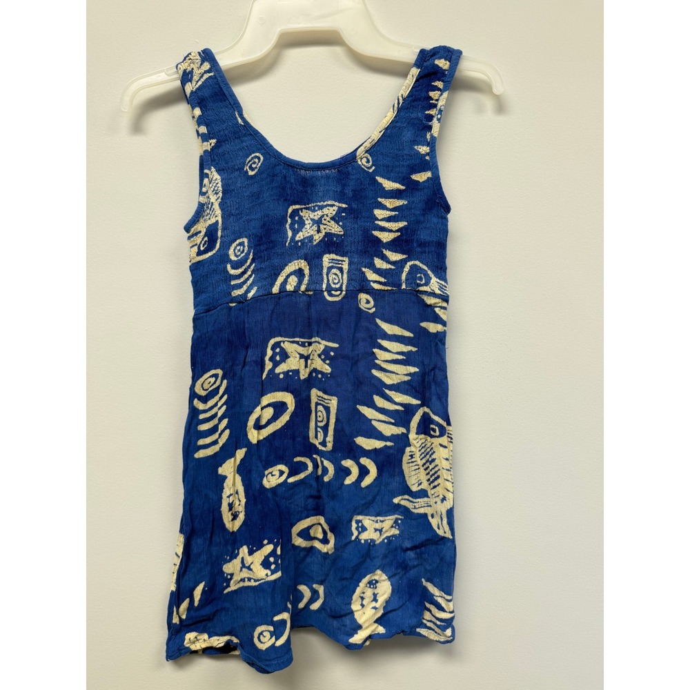 India Boutique Blue Batik Fish Print Smocked Rayon Mini‎ Dress Womens Small Boho
